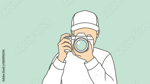 Illustration of a person wearing a cap taking a photograph with a camera.