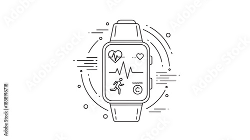 A linear illustration depicts a smartwatch displaying health metrics like heart rate and activity tracking high quality