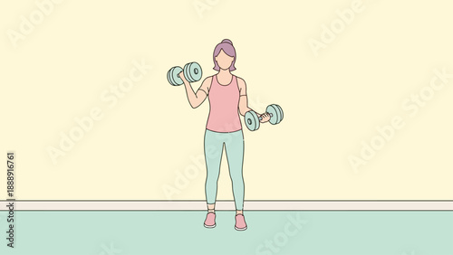 Young woman exercising with dumbbells in a minimalistic indoor setting.