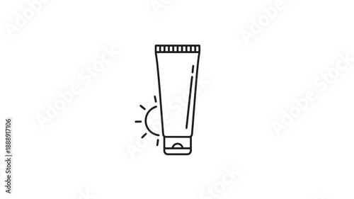 A simple line drawing depicts a tube of sunscreen with a small sun icon nearby high quality