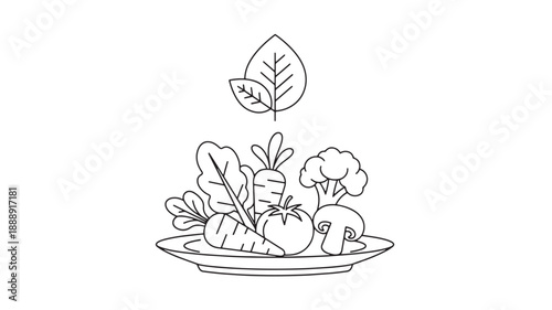A simple black and white line drawing depicts a plate overflowing with fresh vegetables and a single leaf