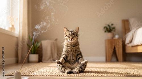 A calm cat sits centered in a lotus-style pose on a yoga mat as incense smoke drifts in a soft, sunlit living room with minimal decor and copy space.