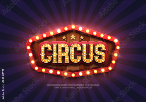 Circus retro banner with illuminated billboard. Vintage poster for carnival show, funfair festival or amusement entertainment event. Vector illustration.