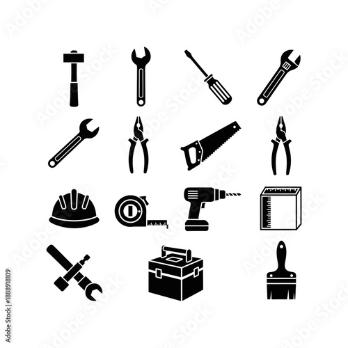 A comprehensive set of black silhouette icons depicting various essential hand tools and construction equipment.