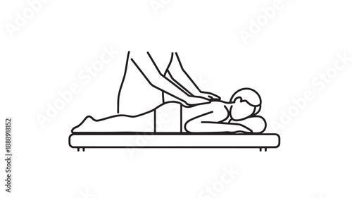 A simple black and white line drawing depicts a person receiving a back massage on a table