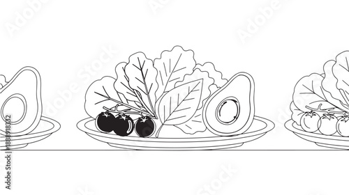 A minimalist line drawing depicts fresh avocados tomatoes and lettuce arranged on white plates high quality professional