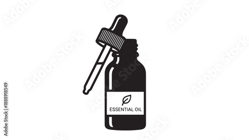 A simple illustration depicts a dark brown glass bottle with a dropper labeled essential oil high quality
