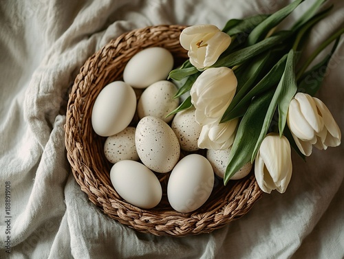 A charming and elegant Easter still life, featuring a stylish tiled composition, including hand-painted decorative eggs, freshly blooming tulips in soft hues, and a rustic woven basket.