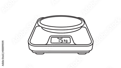 A simple line drawing depicts a digital weighing scale displaying a weight of seventy five kilograms
