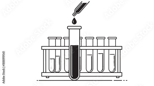 A depiction of a blood test in progress showing a droplet entering a test tube rack