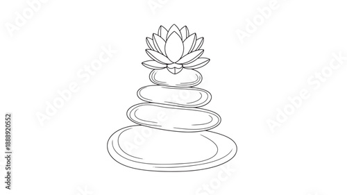 A delicate line drawing depicts a stack of balanced stones topped with a lotus flower blossom