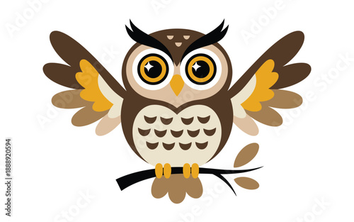Wise cartoon owl with spread wings perched on a branch, open eyes, brown and yellow colors, nocturnal bird illustration