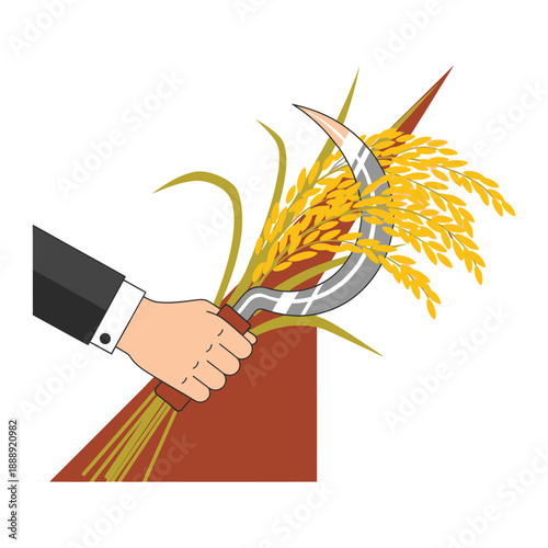 Rice Harvest with Sickle Vector Illustration. Hand Cutting Golden Paddy Grains and Cereal Crop on White Background.
