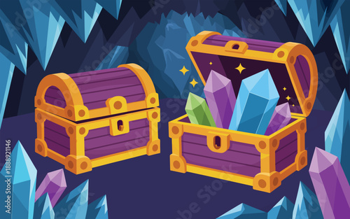 Enchanting treasure chests brimming with vibrant crystals in a dark cave setting, perfect for fantasy games and magical adventures