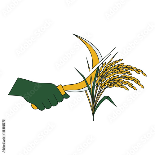 Hand Holding Sickle Cutting Golden Rice Grain Stalks. Agriculture and Farming Harvest Symbol Icon Illustration.