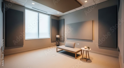 Interior of a modern, quiet room featuring acoustic panels and minimalist seating arrangement