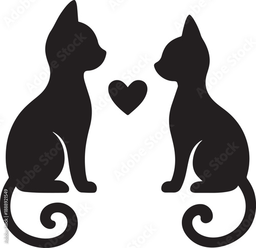 A cute black cat and dog sitting together with a heart in a simple cartoon style