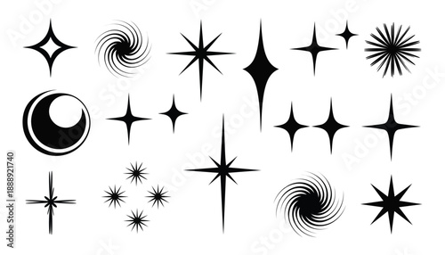 Black Star Sparkle Silhouette Set with Twinkling Light Effects and Celestial Magic Elements