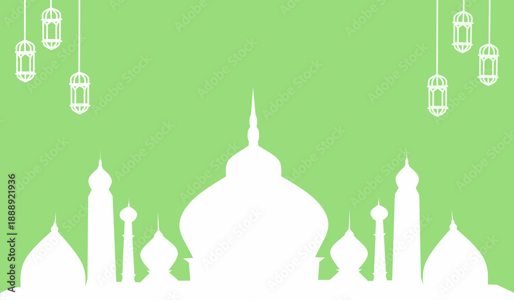 Obraz premium Islamic mosque silhouette with elegant hanging lanterns on a vibrant green background