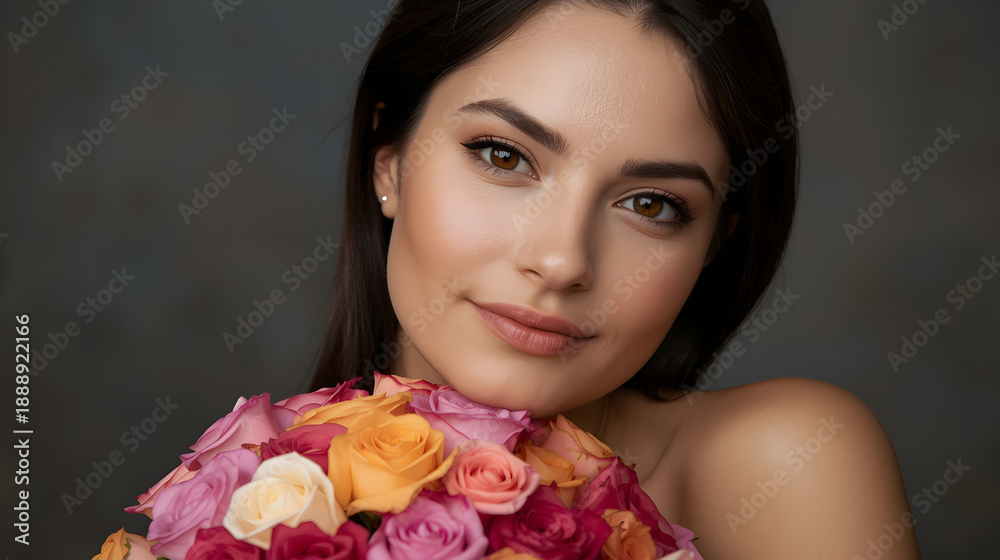 Fototapeta premium Beautiful white girl with flowers. Stunning brunette girl with big bouquet flowers of roses. Closeup face of young beautiful woman with a healthy clean skin. Pretty woman with bright makeup 