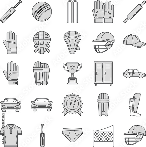 Professional vector icons for cricket equipment sports club facilities and athletic tournament branding.