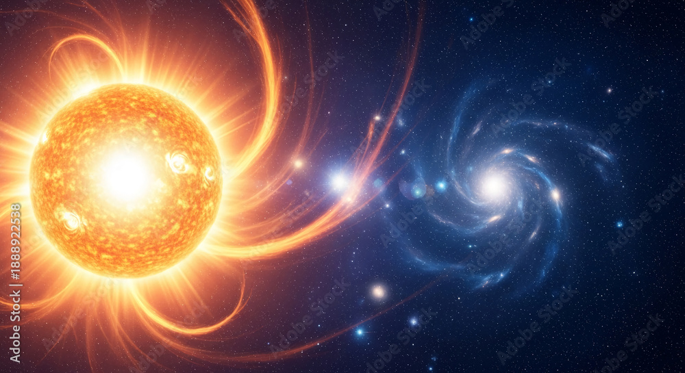 Fototapeta premium The image shows a glowing orange star and a blue spiral galaxy, showcasing vastness, representing cosmic wonder, stellar energy, and interstellar space exploration