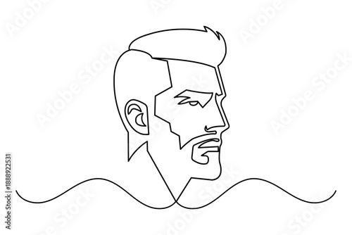 Continuous one line drawing of a handsome man with a beard and stylish haircut profile view