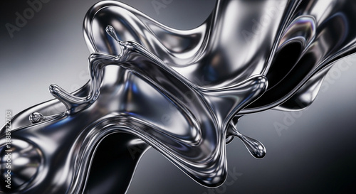 Abstract 3D renders imitating the shapes of liquid metal or mercury. Flowing amorphous chrome forms a futuristic element of contemporary design