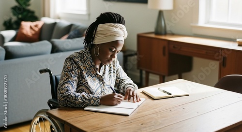 Dedicated woman with a physical disability writing in her personal journal at a rustic wooden table, thoughtfully planning her day from the comfort of her home