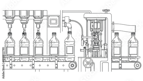 Conveyor system with six bottles being filled and packaged by automated machinery. Industrial setting conveys efficiency and precision.