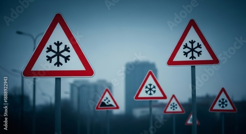 Free Download Warning road signs with snowflakes and ice symbols on a street. Concept of winter weather, slippery road conditions, danger, freeze. - GFXLoad