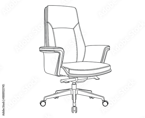 Line drawing of an ergonomic office chair with cushioned seat, high backrest, and armrests. It has a five-wheel base, conveying modern comfort.