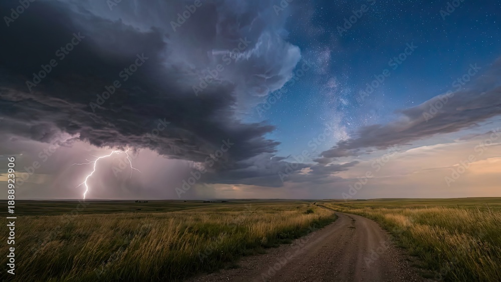 Fototapeta premium Dramatic lightning storm illuminates vast, open grassland landscape at dusk with a dirt road leading into the distance.