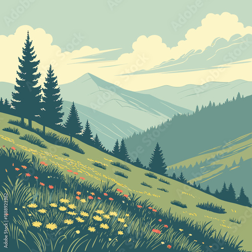 Serene alpine meadow landscape with soft mountain backdrop, peaceful, natural, green, blue sky, summer, idyllic, vector illustration.