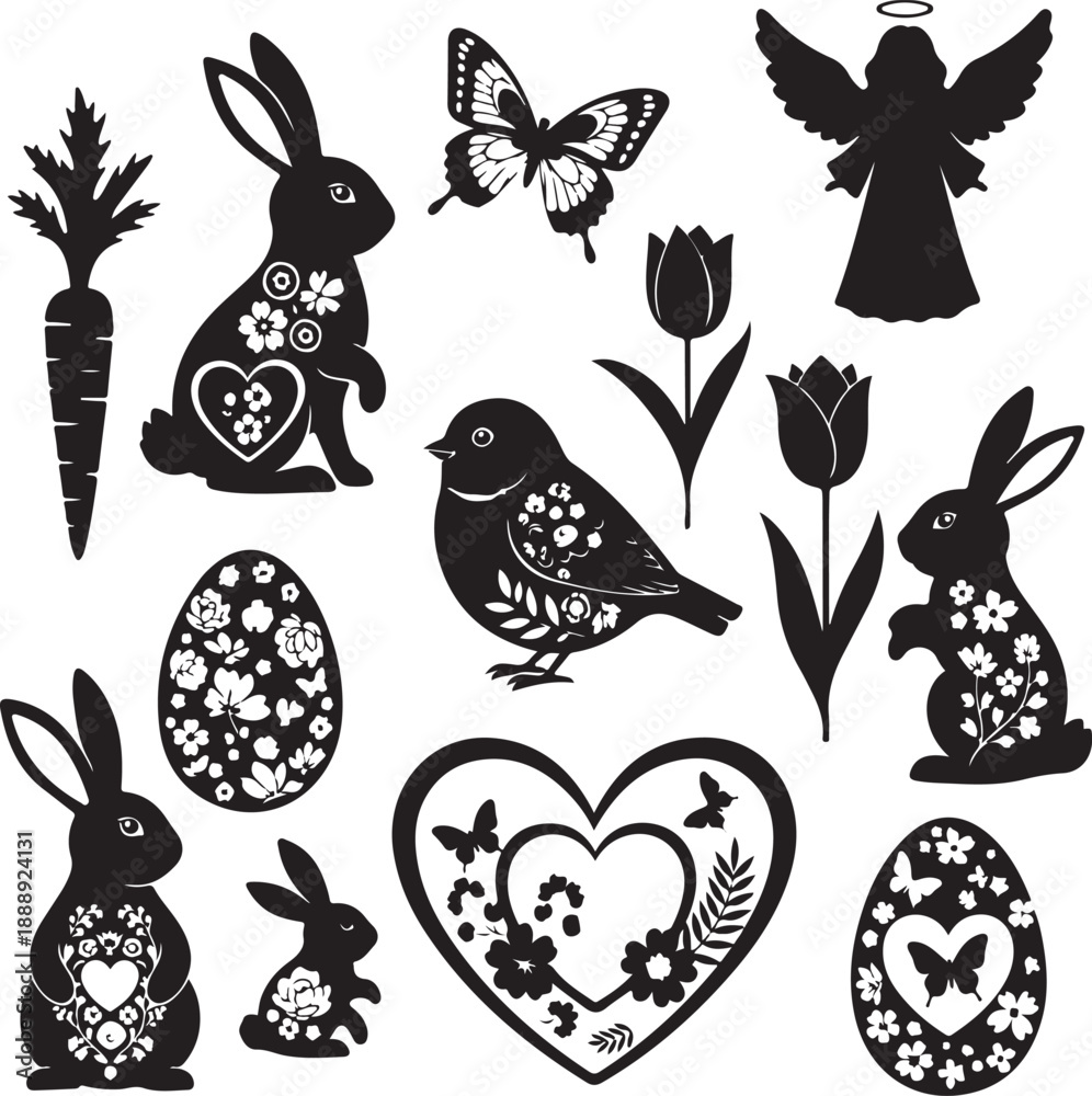Obraz premium A collection of black silhouette illustrations depicts easter elements including rabbits butterflies eggs flowers a heart and an angel high-quality professional detailed modern elegant
