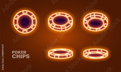Neon poker chips in different position. Purple glowing chips for casino and poker. Vector illustration.