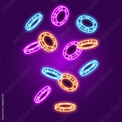 Neon poker chips on dark background. Bright glowing chips for casino and poker. Vector illustration.