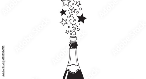 Celebration champagne bottle with flying golden stars and bubbles isolated