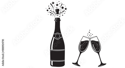 Celebration with champagne bottle and two glasses isolated on transparent