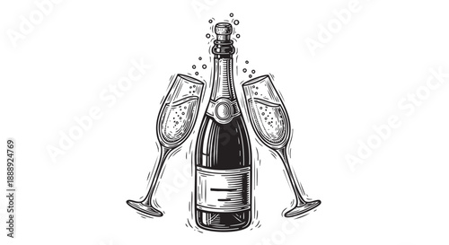 Champagne bottle with two glasses ready for celebration isolated on transparent