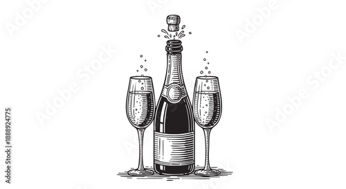 Champagne bottle with two glasses celebrating isolated illustration