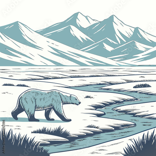 Expansive frozen tundra landscape with distant, snow-capped peaks, a vast and cold vector vista.