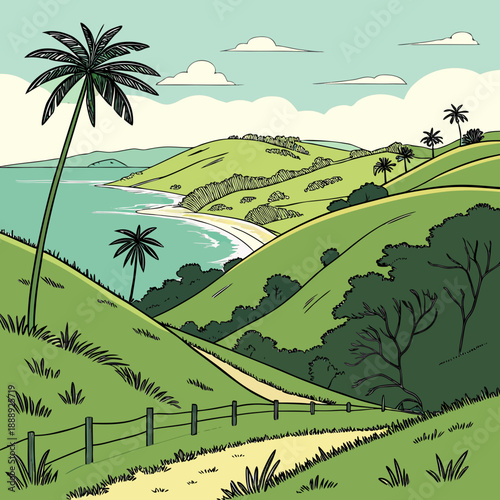 Minimalist vector illustration of a pristine hilltop island landscape, capturing a clean and tranquil scene.