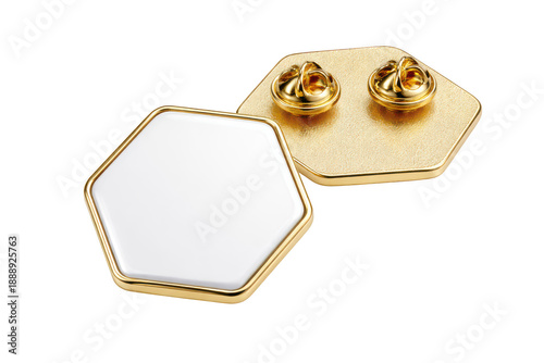 Empty enamel pin mockup, hexagon gold trim on transparent background
