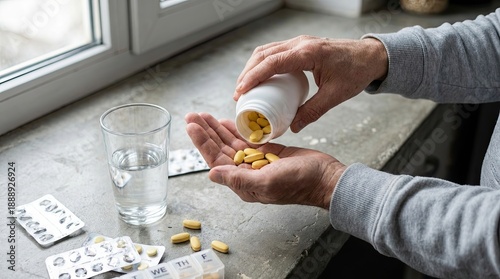 A woman in a close‑up shot holds a pill in her hand while drinking clear water from a glass, illustrating the concept of healthcare, medicine, treatment, and therapy as she takes a painkiller for her