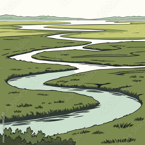 Vivid river delta marshland landscape, modern vector design showcasing a natural wetland with flowing water, ecological, serene, and diverse.