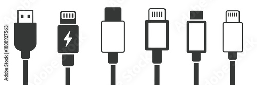 Usb cable connector technology plug icon set, minimal vector symbols for electronic connection