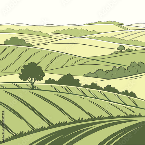 Rolling green farmland landscape with layered fields and clean vector illustration style.