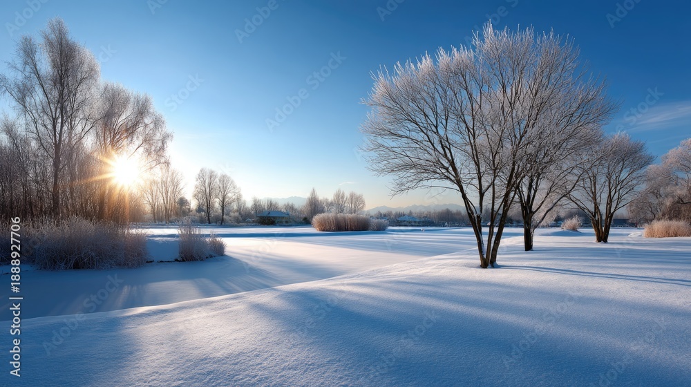 Obraz premium Serene Winter Landscape at Sunrise with Frosty Trees and Snow-Covered Ground in a Tranquil Natural Setting