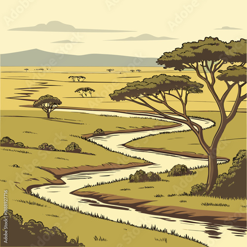 Εκτύπωση καμβά Vector illustration of a vast savannah river landscape with wide open terrain and a clear sky